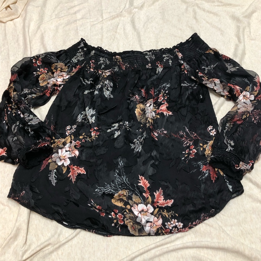 White House Black Market Dark Floral Peasant Top Whimsigoth Fairy Satin Burnout